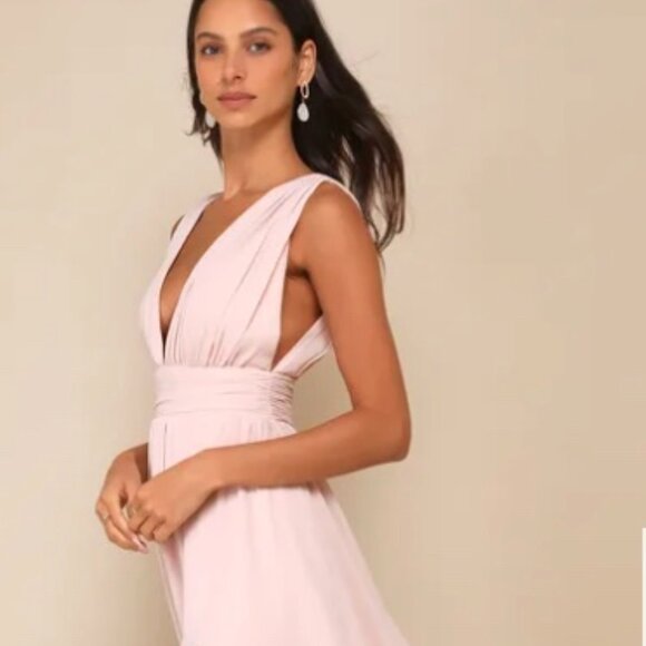 Lulus Women's Heavenly Hues Blush Maxi Dress V-Neck Pleated Size L #2 - Picture 7 of 7